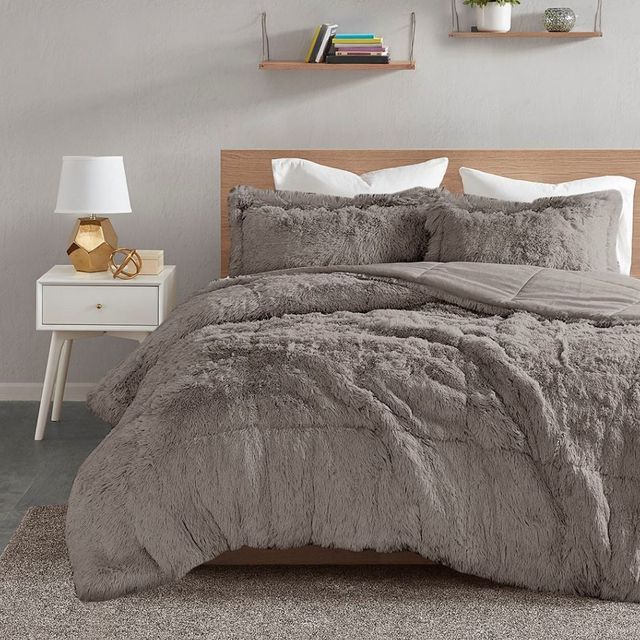 Olliix by Intelligent Design Malea Grey Twin/Twin XL Shaggy Faux Fur Comforter Mini Set-4