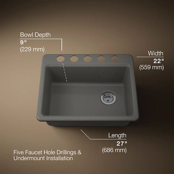 KOHLER® Riverby® Thunder Gray 27" Undermount Single-Bowl Kitchen Sink-3