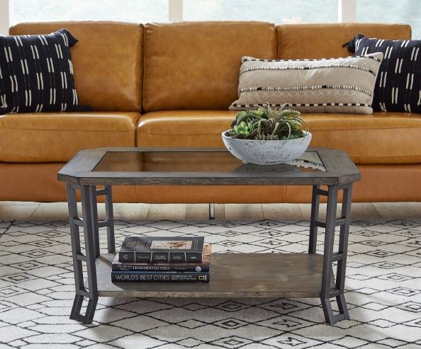 Null Furniture St. Augustine Glass Top Rectangular Cocktail Table with Bronze/Weathered Pine Base -3