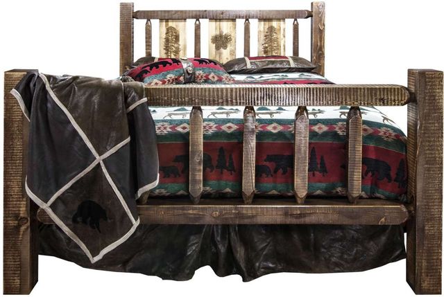 Montana Woodworks® Homestead Stain and Clear Lacquer Queen Bed with Laser Engraved Pine Tree Design-1