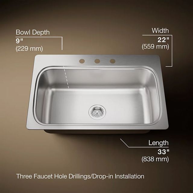 KOHLER® Verse™ Stainless Steel 33" 3-Faucet Hole Top-Mount Single-Bowl Kitchen Sink-2