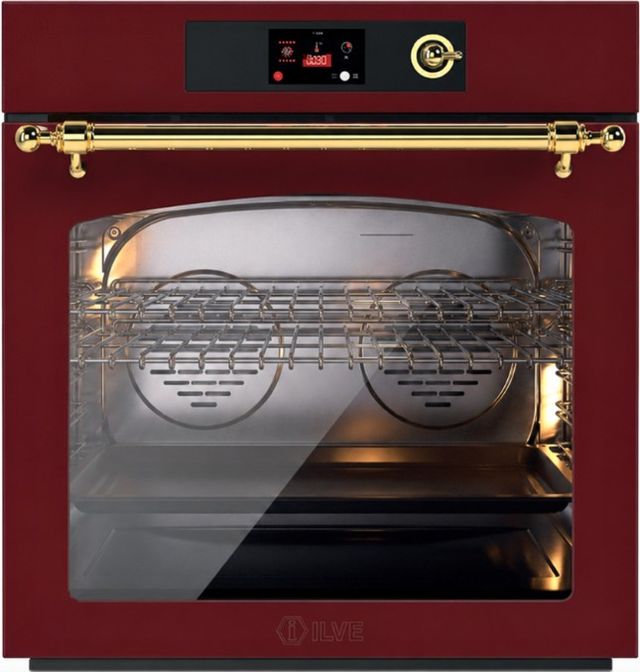 Ilve Nostalgie II 30” Burgundy Pyrolytic Single Electric Wall Oven with Brass Trim-0