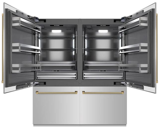 ZLINE Autograph Edition 72"  39.6 Cu. Ft. Stainless Steel with Graphite Gray Interior and Polished Gold Helix Handles French Door Built-In Bottom Freezer Refrigerator with Water Dispensers and Ice Makers -2