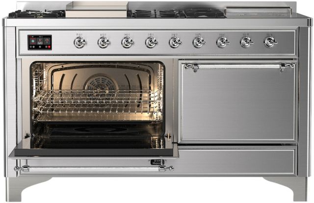 Ilve® Majestic III 60'' Stainless Steel Pro Style Dual Fuel Natural Gas Range with Solid Door and Chrome Trim-3