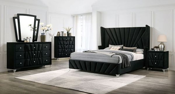 Furniture of America Carissa 4-Piece Black Queen Upholstered Bed Set