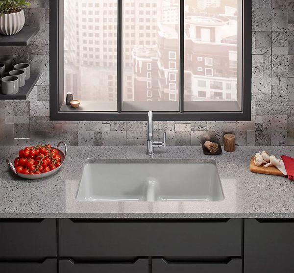 KOHLER® Iron/Tones® Aspen Green Smart Divide® 33" Top/Undermount Double-Bowl Kitchen Sink-1