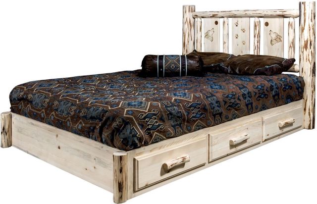 Montana Woodworks® Montana Collection Ready to Finish Queen Platform Storage Bed with Laser Engraved Wolf Design-3