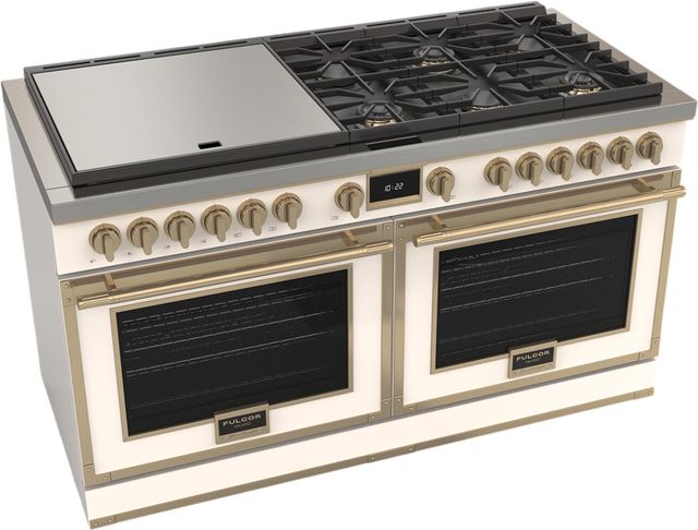 Fulgor Milano® Evoque 400 Series 60" Matte White Pro Style Dual Fuel Hybrid Range with Brushed Brass Trim -1
