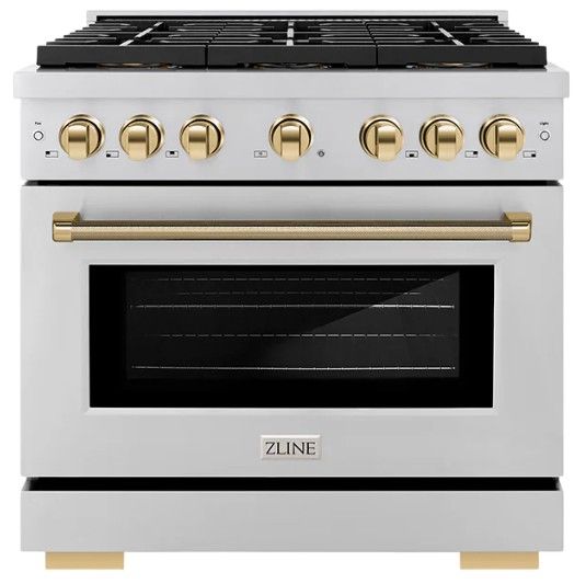 ZLINE Autograph Edition Paramount 36" 5.2 Cu. Ft. Stainless Steel Gas Range with 6 Burner DuoPro™ Cooktop and Convection Gas Oven with Polished Gold Helix Handle and Accents-0