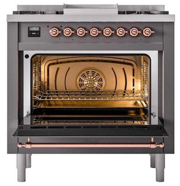 Ilve® Nostalgie II Noblesse 36'' Graphite Matte Pro Style Dual Fuel Range with Copper Trim-1