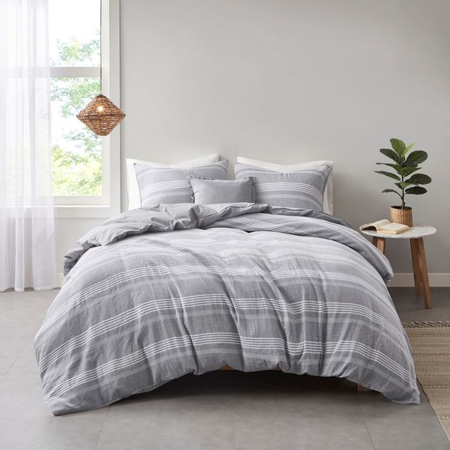 Olliix by Clean Spaces Oakley 5 Piece Striped Organic Cotton Yarn Dyed Grey Full/Queen Comforter Cover Set-0
