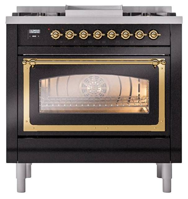 Ilve® Nostalgie II Noblesse 36'' Glossy Black Pro Style Dual Fuel Range with Brass Trim-1