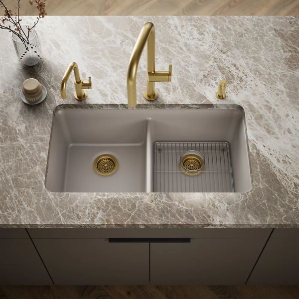 KOHLER® Cairn® Matte Taupe 34" Undermount Double-Bowl Kitchen Sink-1