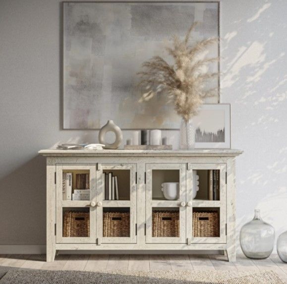 Jofran Inc. Rustic Shores Scrimshaw Cream 4-Door Low Accent Cabinet-1
