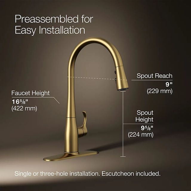 KOHLER® Simplice® Vibrant Brushed Moderne Brass Pull-Down Kitchen Sink Faucet with Three-Function Sprayhead-2