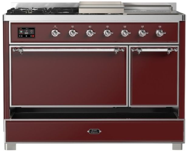 Ilve® Majestic III 48" Burgundy Pro Style Dual Fuel Natural Gas Range with French Top and Chrome Trim-2