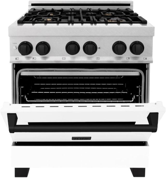 ZLINE Autograph Edition Legacy 30" Satin Stainless Steel Pro Style Dual Fuel Range with White Matte Door and Matte Black Accents-2