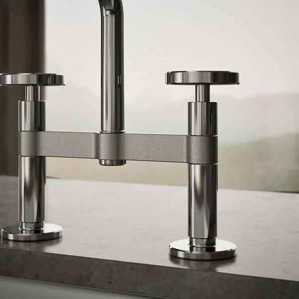 KOHLER® Billet® Vibrant Titanium 2-Hole Bridge Kitchen Sink Faucet with Side Sprayer and Round Handles-4