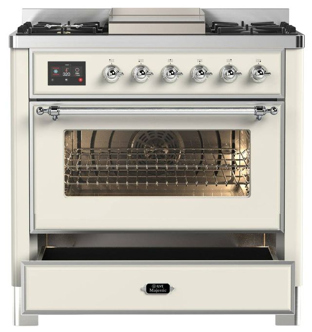 Ilve® Majestic III 36" Antique White Pro Style Dual Fuel Liquid Propane Range with Triple Glass Door and Chrome Trim-3