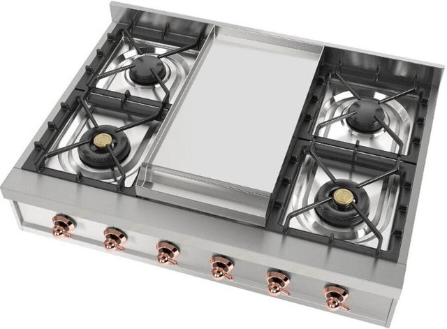 Ilve Nostalgie II 36” Stainless Steel Liquid Propane Rangetop with 6 Burners, Griddle and Copper Trim-3