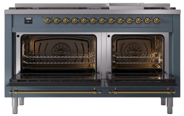 Ilve® Nostalgie II Noblesse 60'' Blue Gray Pro Style Dual Fuel Range with Brass Trim-1