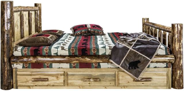 Montana Woodworks® Glacier Country Stain & Clear Lacquer Twin Storage Bed with Laser Engraved Wolf Design-2