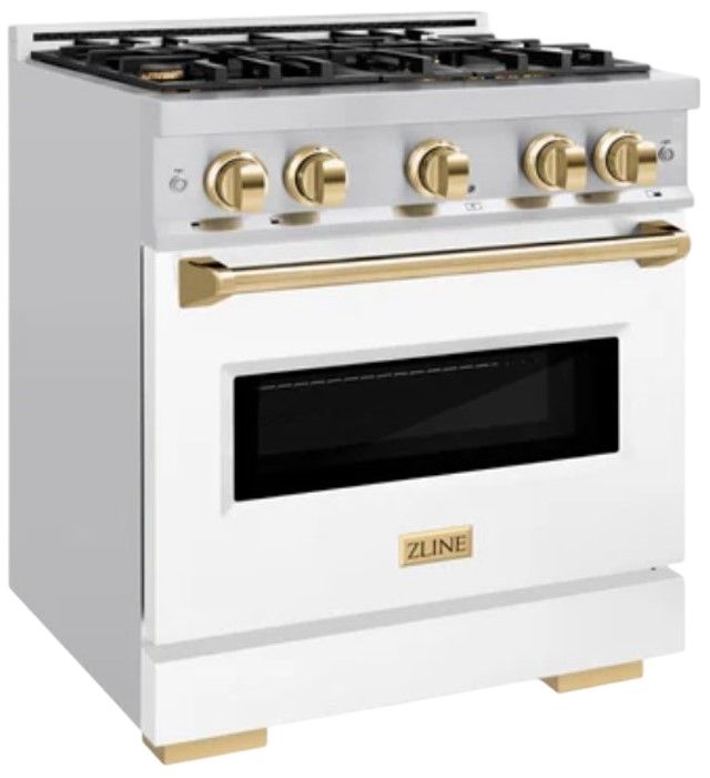ZLINE Classic Autograph Edition 30" Stainless Steel Pro Style Gas Range with White Matte Door and Polished Gold Accents-2