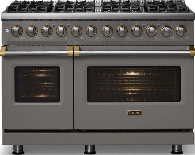 Viking® 5 Series 48" Damascus Gray Pro Style Dual Fuel (NG) Range with Brushed Brass Trim-2
