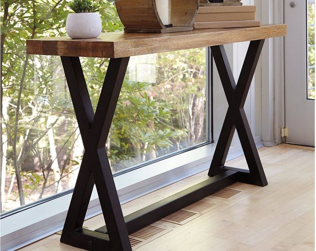 Signature Design by Ashley® Wesling Light Brown Sofa Table with Black Trestle Legs-2