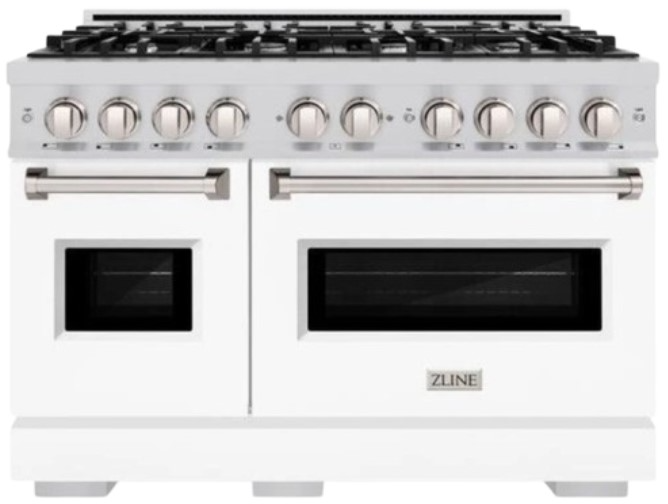 ZLINE 48 in. 6.7 cu. ft. Classic Double Oven Gas Range with 8 Burner Cooktop in Stainless Steel with White Matte Doors (CGR-WM-48)