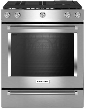 front view of the KitchenAid® 30" Stainless Steel Slide In Dual Fuel Range
