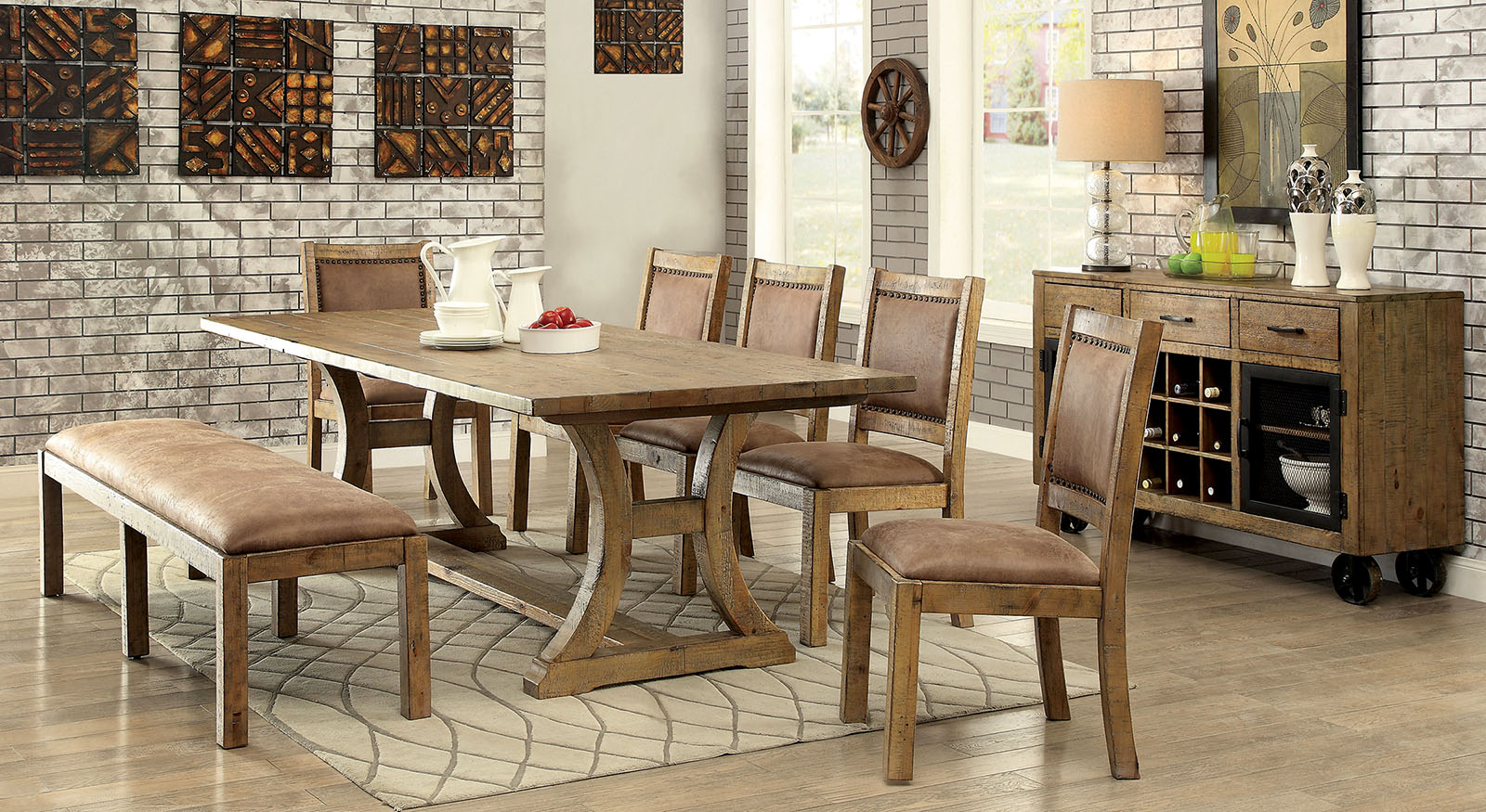 Furniture of America Gianna 7 Piece Rustic Pine Dining Table Set Parks Home Furnishings