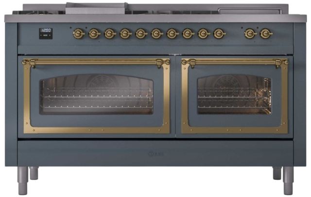Ilve® Nostalgie II Noblesse 60'' Blue Gray Pro Style Dual Fuel Range with Brass Trim-1