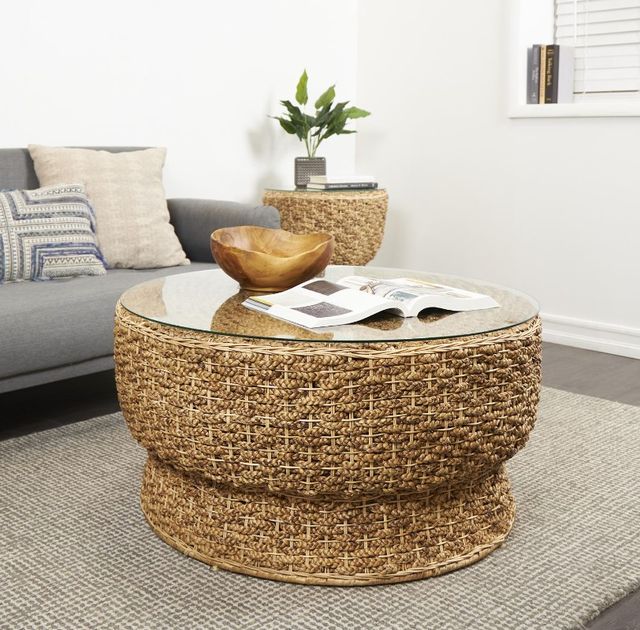 Deco Marche Brown Rattan Woven Tapered Coffee Table with Glass Top-3