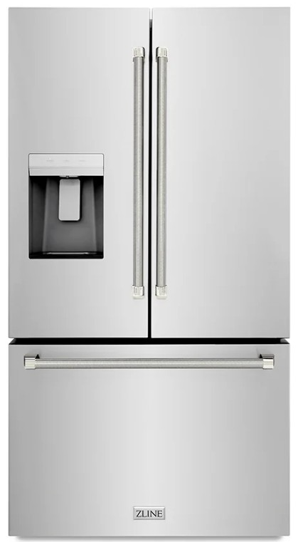 ZLINE Autograph Edition 36 in. 28.9 cu. ft. Standard-Depth French Door External Water Dispenser Refrigerator with Dual Ice Maker in Fingerprint-Resistant Stainless Steel and Polished Nickel Helix Handles (RSMZ-W-36-KPN)