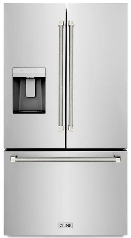 ZLINE Autograph Edition 36" 28.9 Cu. Ft. Stainless Steel Standard-Depth French Door Fingerprint-Resistant Refrigerator with External Water Dispenser and Dual Ice Maker in Polished Nickel Helix Handles-0