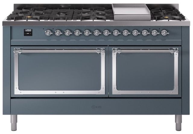 Ilve® Nostalgie II Noblesse 60'' Blue Gray Pro Style Dual Fuel Range with Chrome Trim-0