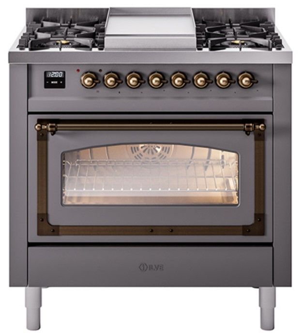 Ilve® Nostalgie II Noblesse 36'' Graphite Matte Pro Style Dual Fuel Range with Burnished Trim-0
