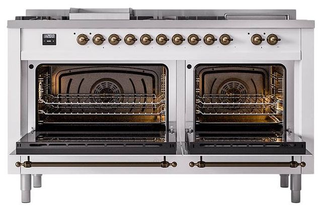 Ilve® Nostalgie II Noblesse 60'' White Pro Style Dual Fuel Range with Burnished Trim-1