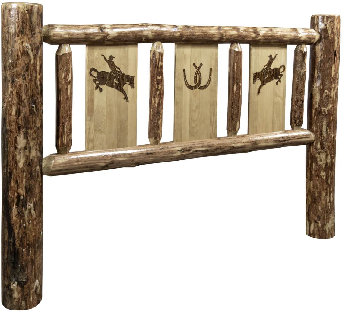 Montana Woodworks® Glacier Country Stained and Lacquered California King Headboard with Laser Engraved Bronc Design