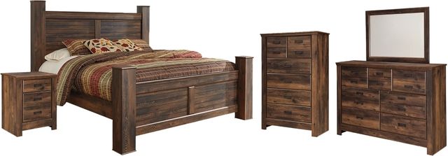 Signature Design by Ashley® Quinden 5-Piece Dark Brown King Poster Bed with Mirrored Dresser, Chest and Nightstand Set-0