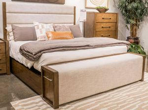 Regina Beige Brown Queen Upholstered Panel Storage Bed