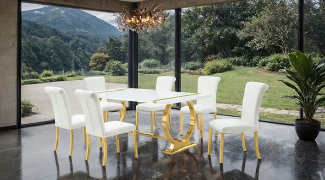 Furniture of America® Holbaek 7-Piece White 80" Dining Table Set with Gold Base-1