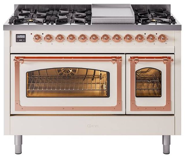 Ilve® Nostalgie II Noblesse 48'' Antique White Pro Style Dual Fuel Range with Copper Trim-0