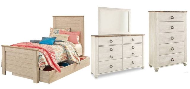 Signature Design by Ashley® Willowton 4-Piece Whitewash Full Youth Panel Storage Bed Set-0