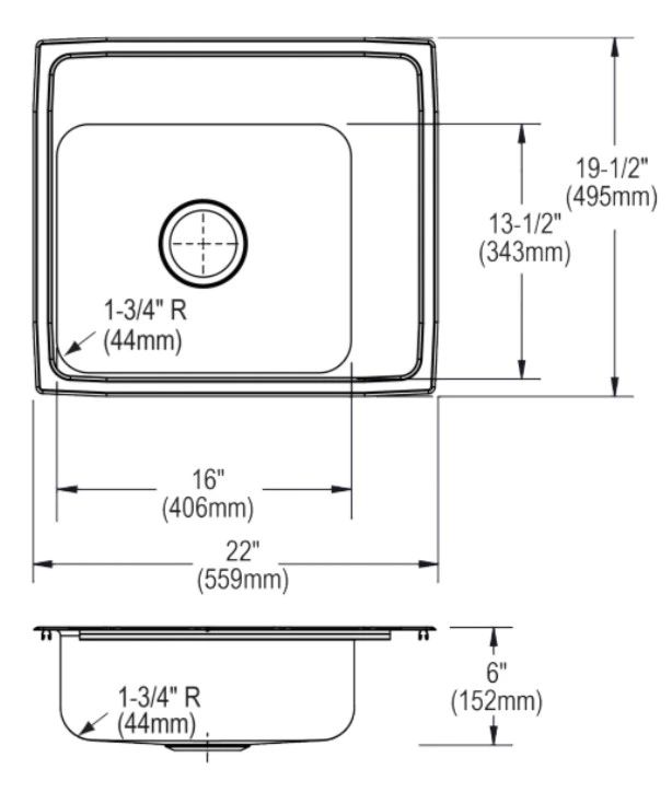 Elkay Lustertone® Classic Lustrous Satin Stainless Steel 22" x 20" x 6" Center Center Single Bowl Drop-in Classroom ADA Sink-1