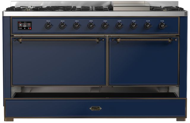Ilve® Majestic III 60" Midnight Blue Pro Style Dual Fuel Liquid Propane Range with Solid Door and Burnished Trim-1
