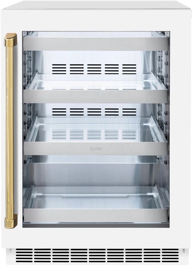 ZLINE Autograph Edition Touchstone 24" 5.2 Cu. Ft. Stainless Steel Beverage Center with White Matte Glass Door and Polished Gold Handle-0
