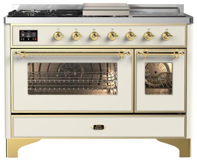 Ilve® Majestic III 48" Antiqued White Pro Style Dual Fuel Natural Gas Range with Triple Glass Door and Brass Trim-0