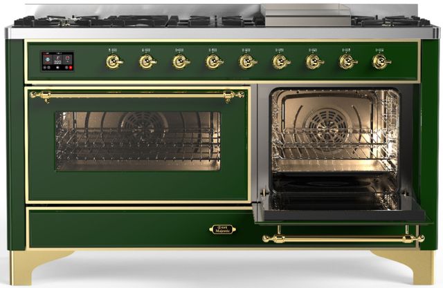 Ilve® Majestic III 60" Emerald Green Pro Style Dual Fuel Liquid Propane Range with Triple Glass Door and Brass Trim-2